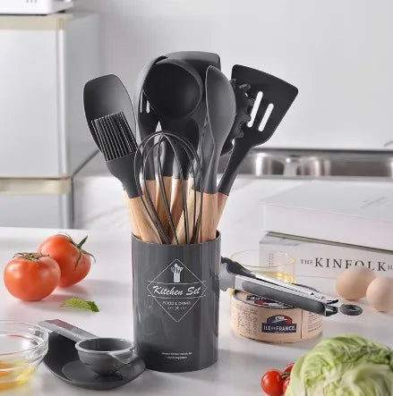 Kit de Utensílios de Cozinha de Silicone e Madeira