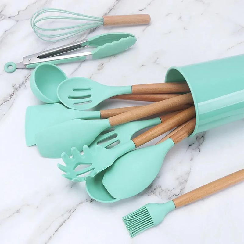 Kit de Utensílios de Cozinha de Silicone e Madeira
