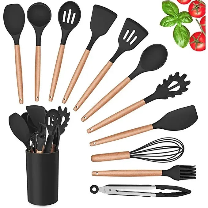 Kit de Utensílios de Cozinha de Silicone e Madeira
