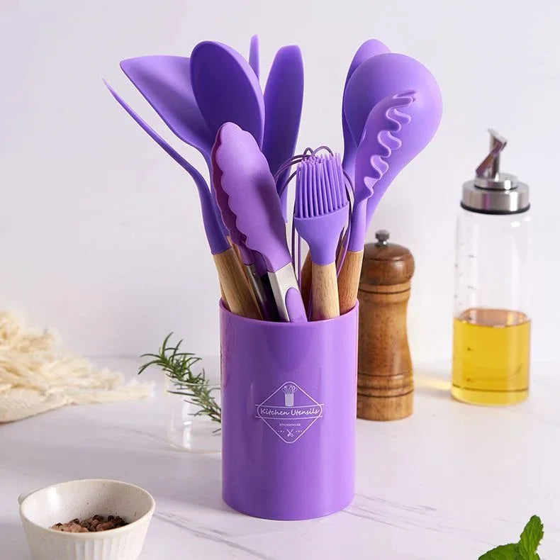 Kit de Utensílios de Cozinha de Silicone e Madeira