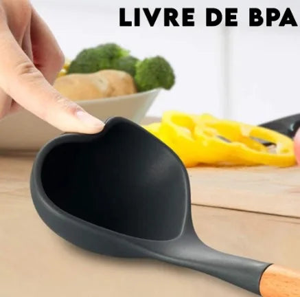 Kit de Utensílios de Cozinha de Silicone e Madeira