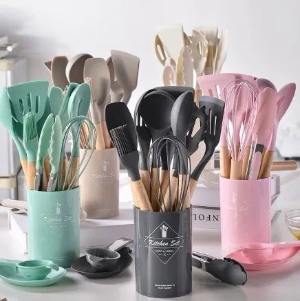 Kit de Utensílios de Cozinha de Silicone e Madeira