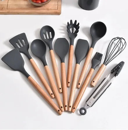 Kit de Utensílios de Cozinha de Silicone e Madeira