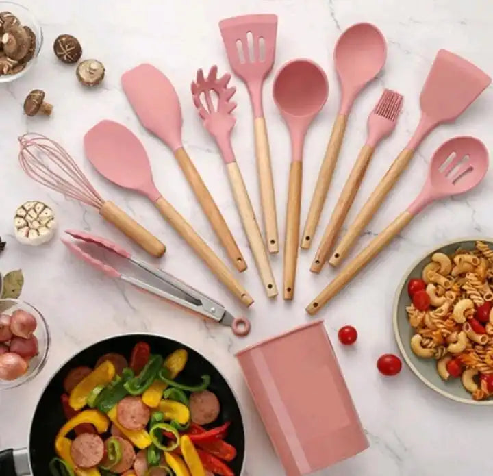 Kit de Utensílios de Cozinha de Silicone e Madeira