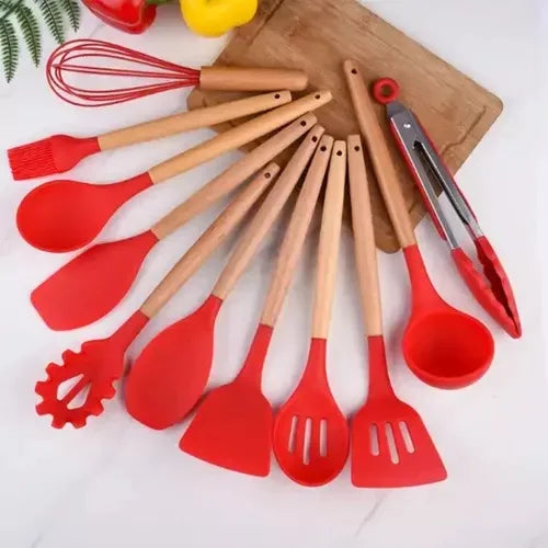 Kit de Utensílios de Cozinha de Silicone e Madeira